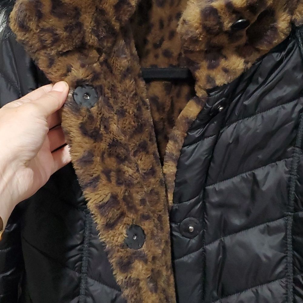 Reversible Dennis Basso Coat - Black Puffer & Faux Fur Leapord Print Size XXS - Picture 8 of 16